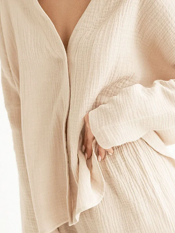 2Pcs Cotton V Neck Long Sleeve Loungewear