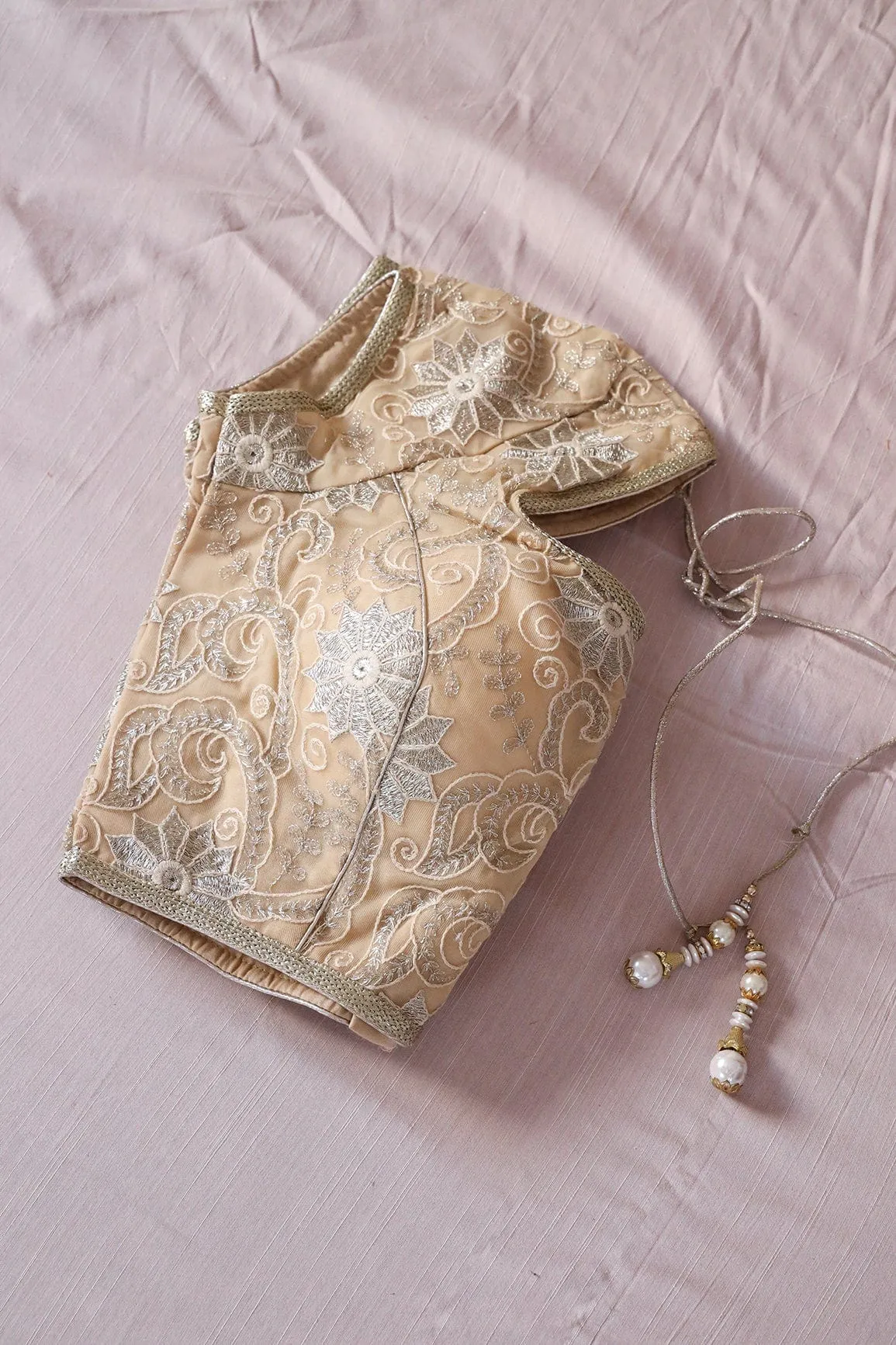 Beige Zari Embroidery Net Stitched Blouse