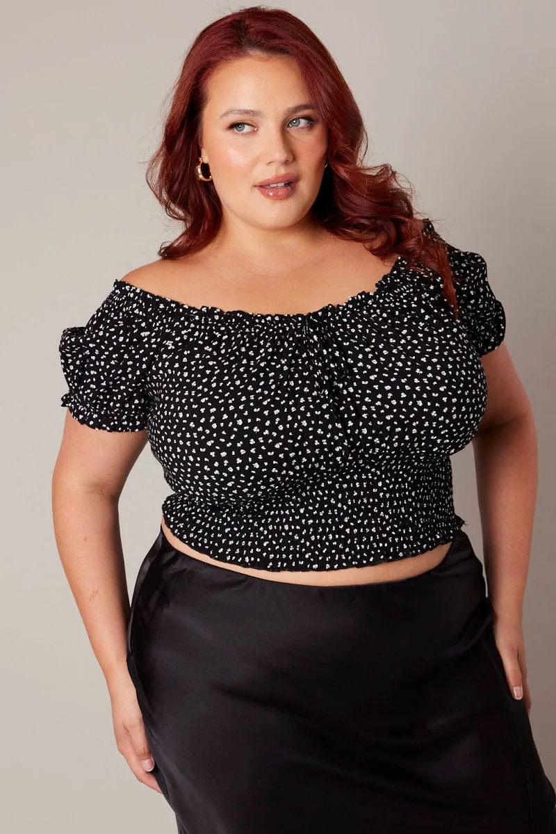 Black Ditsy Crop Top Short Sleeve Ruched Bust