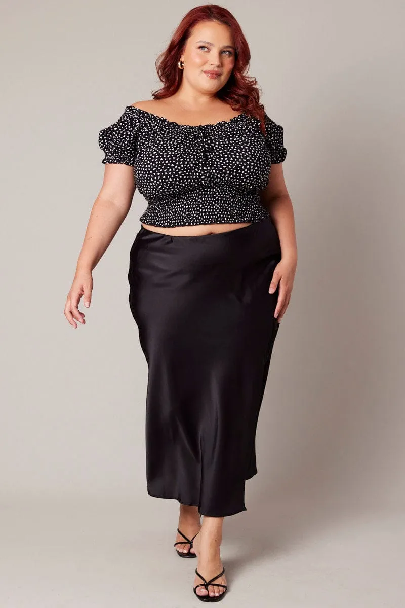 Black Ditsy Crop Top Short Sleeve Ruched Bust