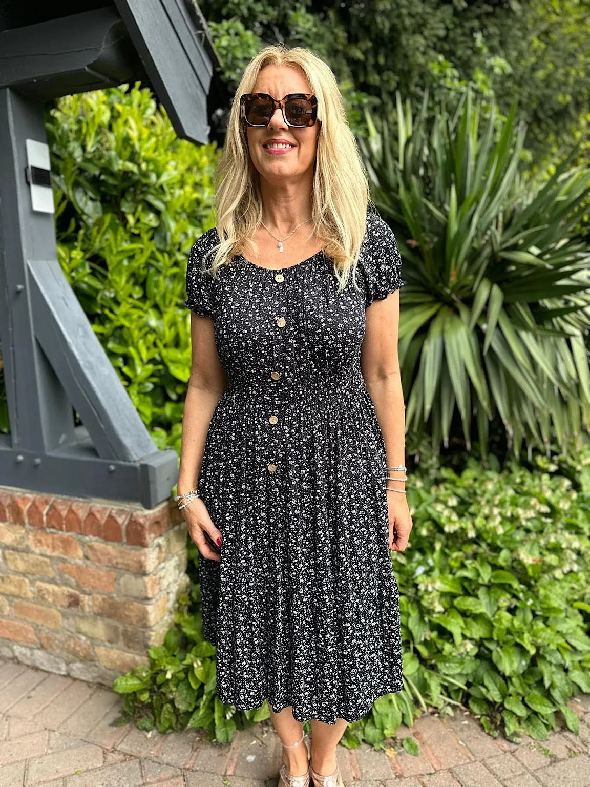 Black Ditsy Floral Button Dress Davina