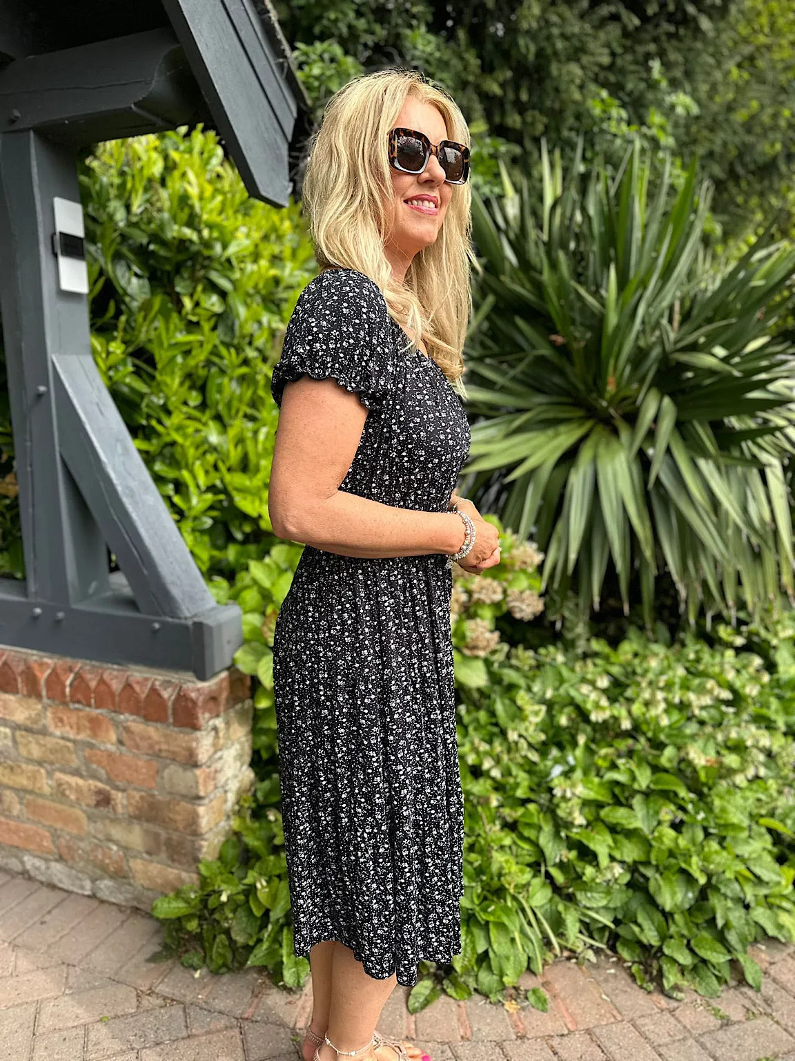 Black Ditsy Floral Button Dress Davina