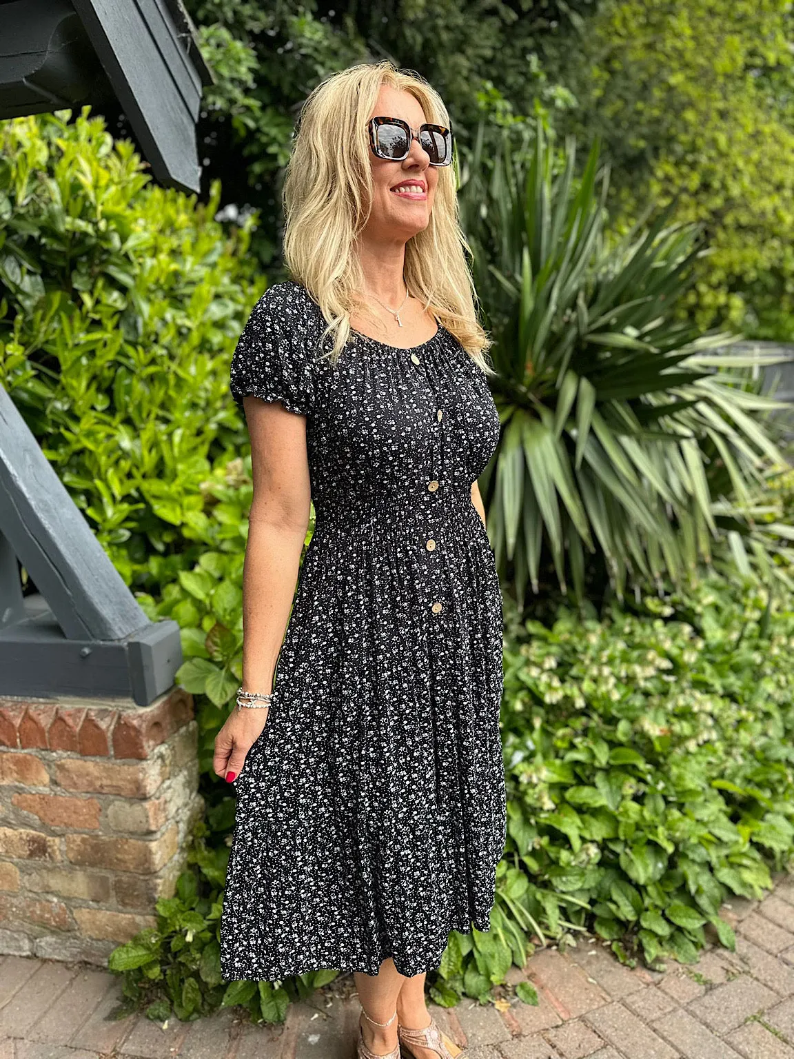 Black Ditsy Floral Button Dress Davina