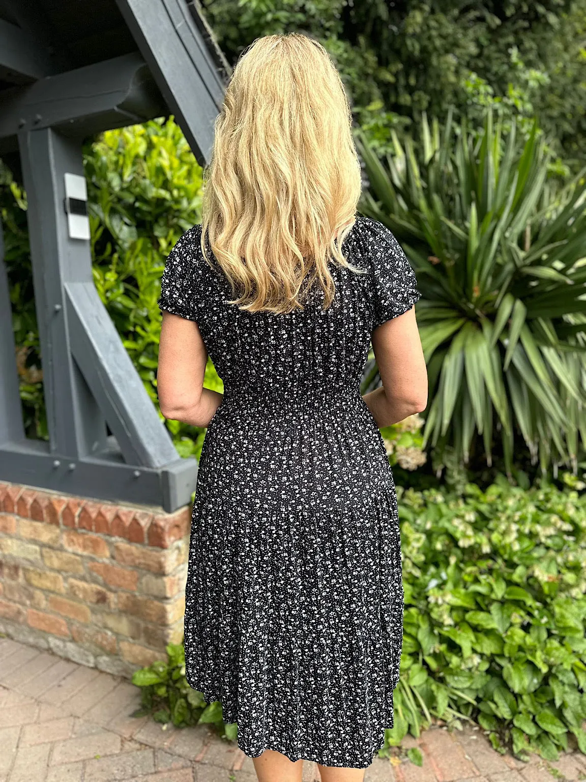 Black Ditsy Floral Button Dress Davina