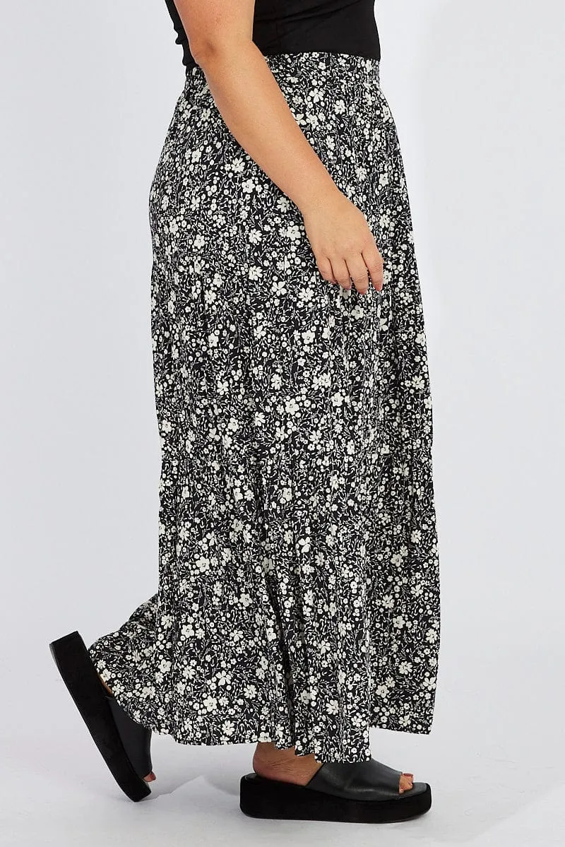 Black Ditsy Rayon Crinkle Tiered Maxiskirt