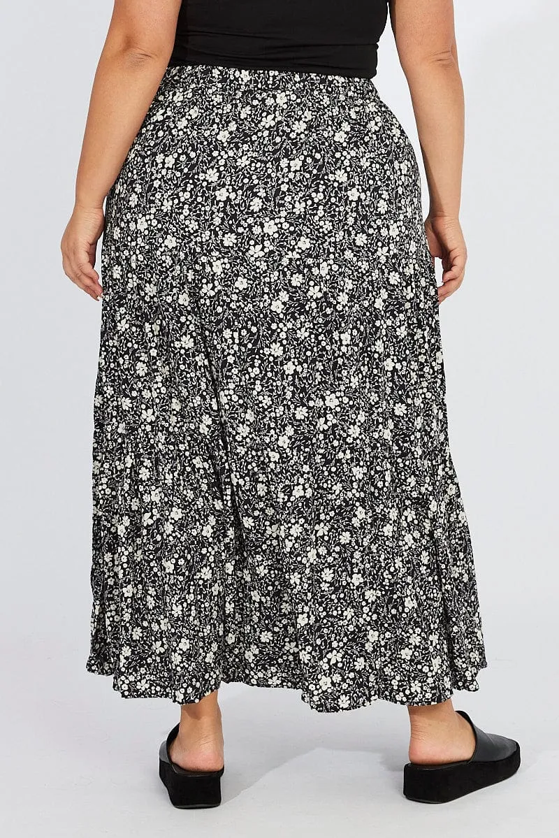 Black Ditsy Rayon Crinkle Tiered Maxiskirt