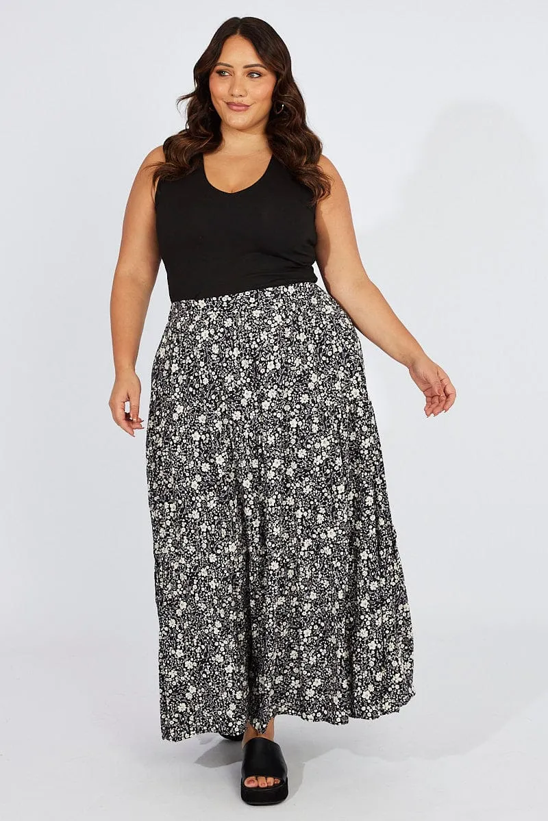 Black Ditsy Rayon Crinkle Tiered Maxiskirt