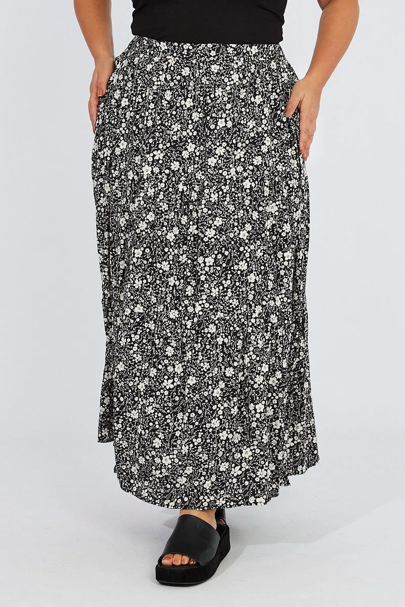 Black Ditsy Rayon Crinkle Tiered Maxiskirt
