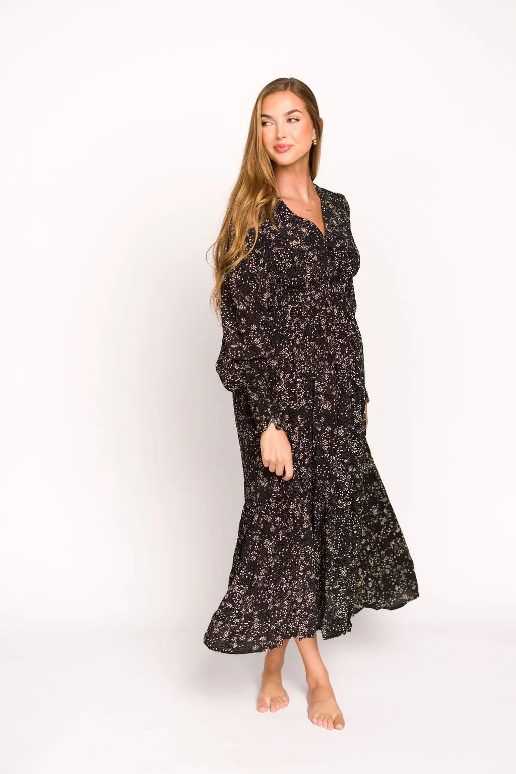 Brandi Long-Sleeve Button-Up Maxi Dress in Black Floral