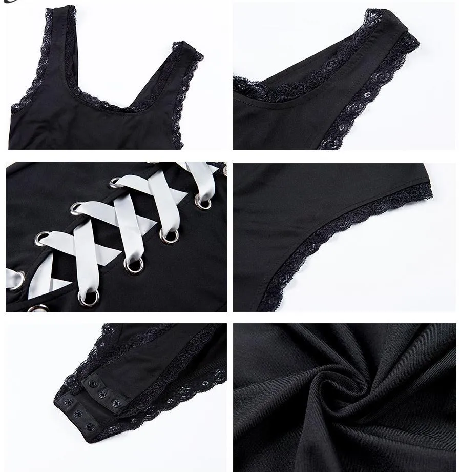 'Cursed' Black and White Bodysuit with Lace up Back