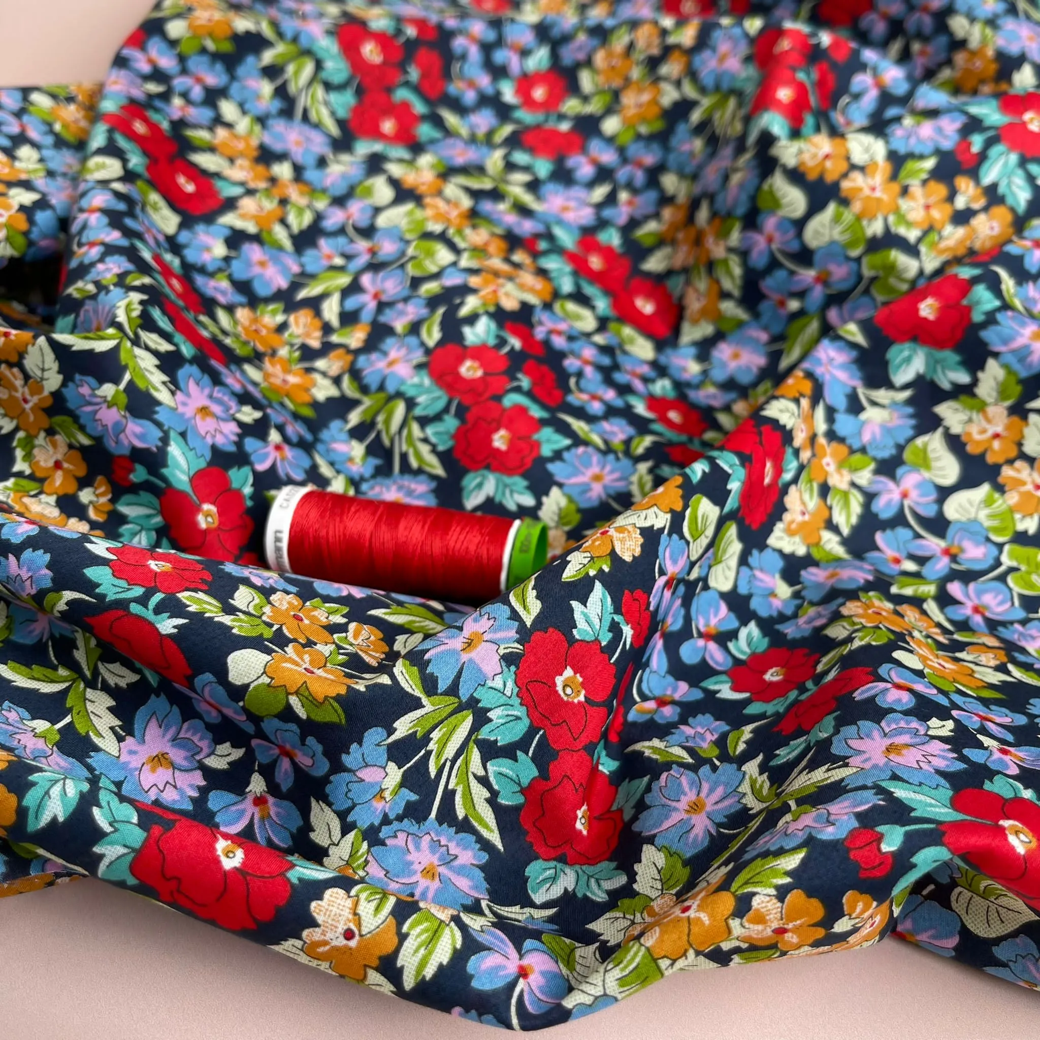Ditsy Cottage Flowers Dark Blue Cotton Lawn Fabric