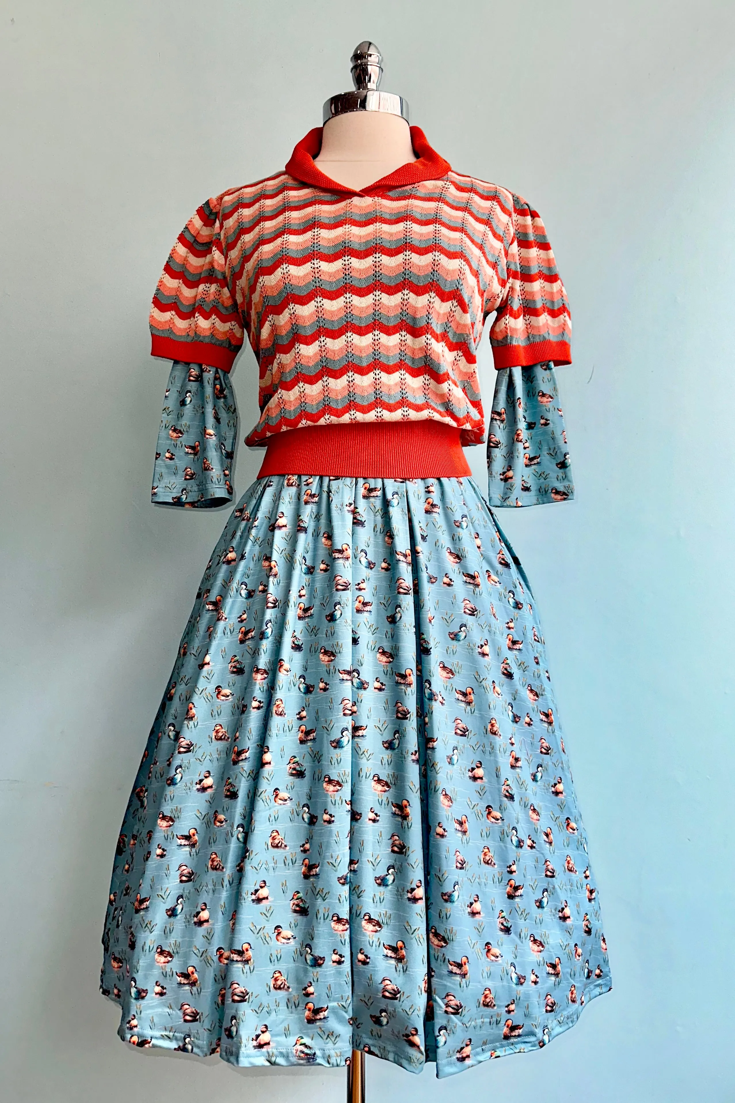 Duck Print Billie Dress in Light Blue by Dolly & Dotty