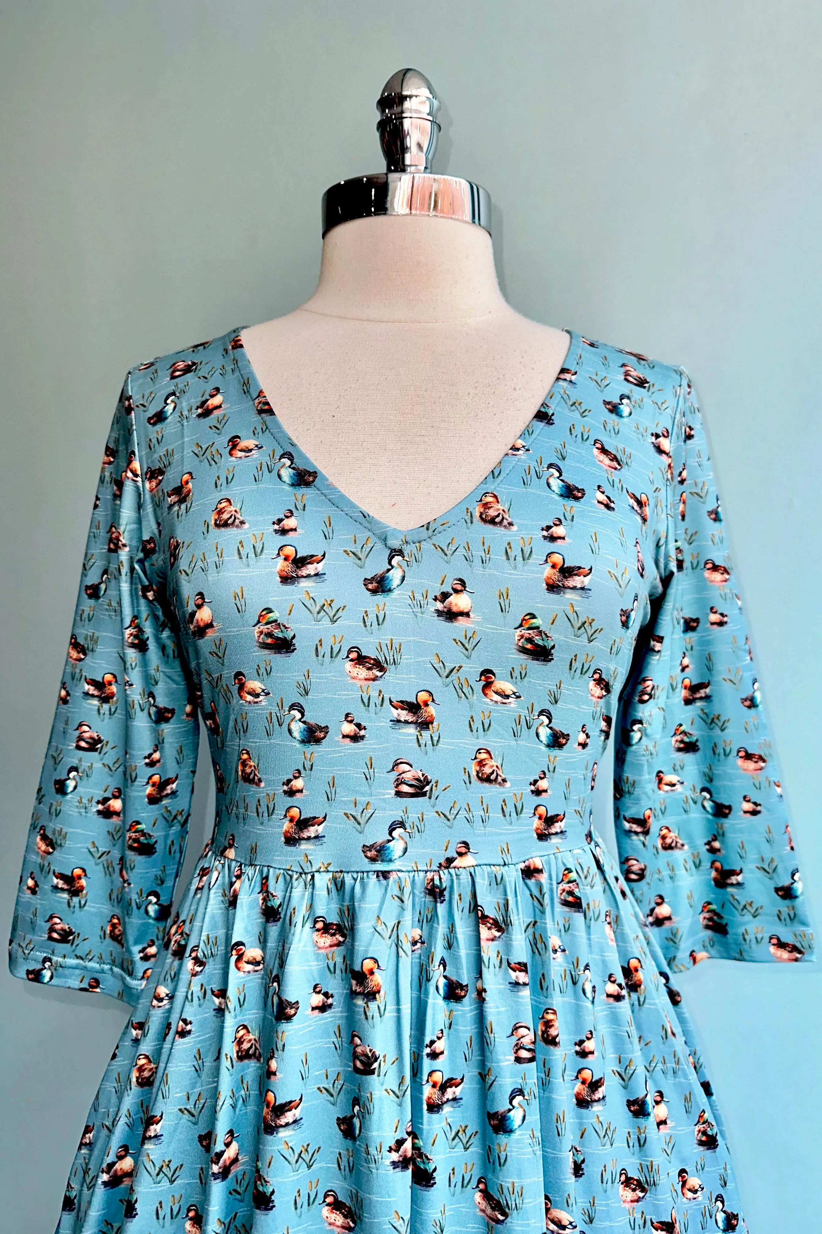 Duck Print Billie Dress in Light Blue by Dolly & Dotty