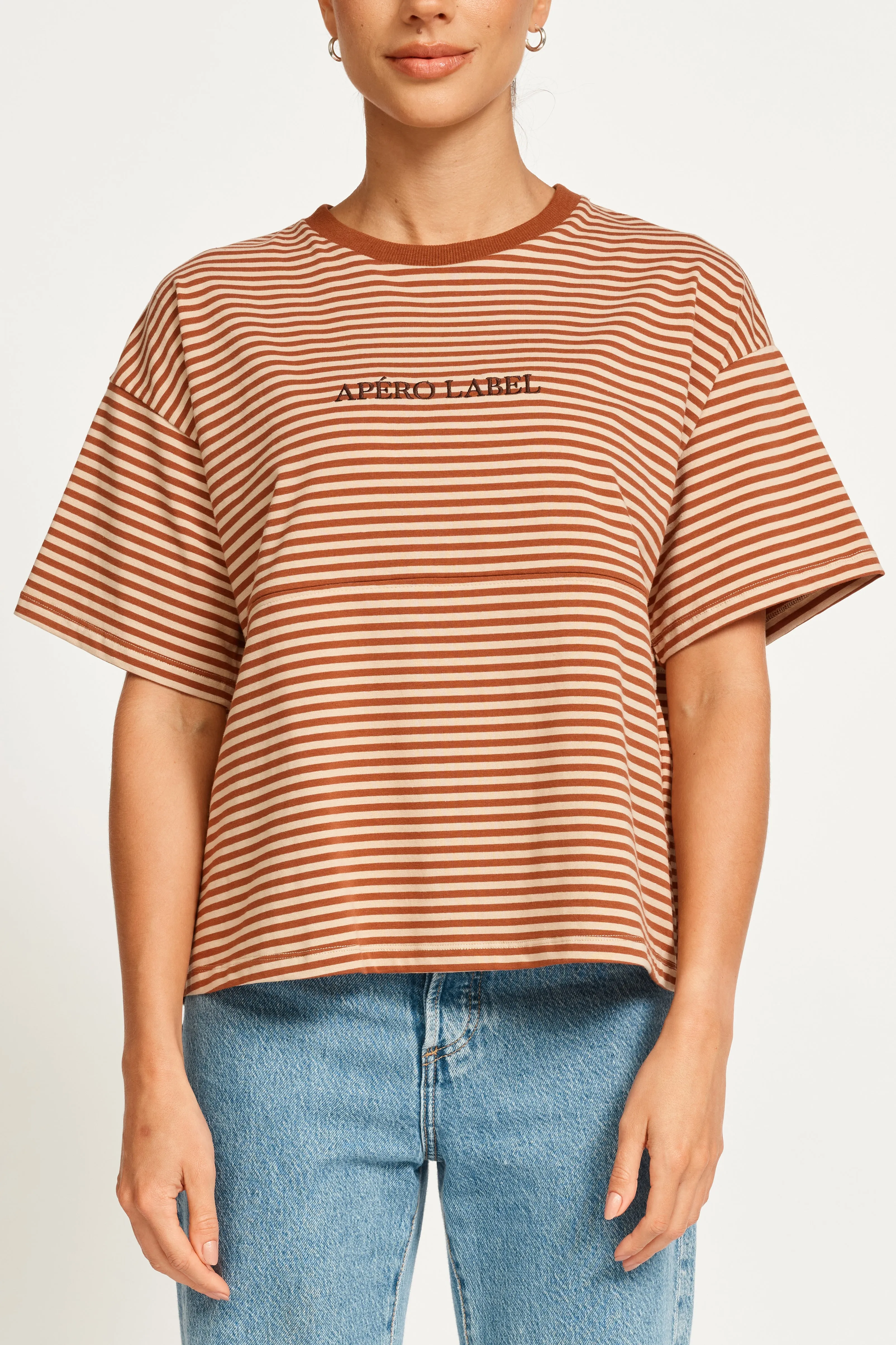 Era Drop-Shoulder Cropped Tee - Brown / Tan Stripe