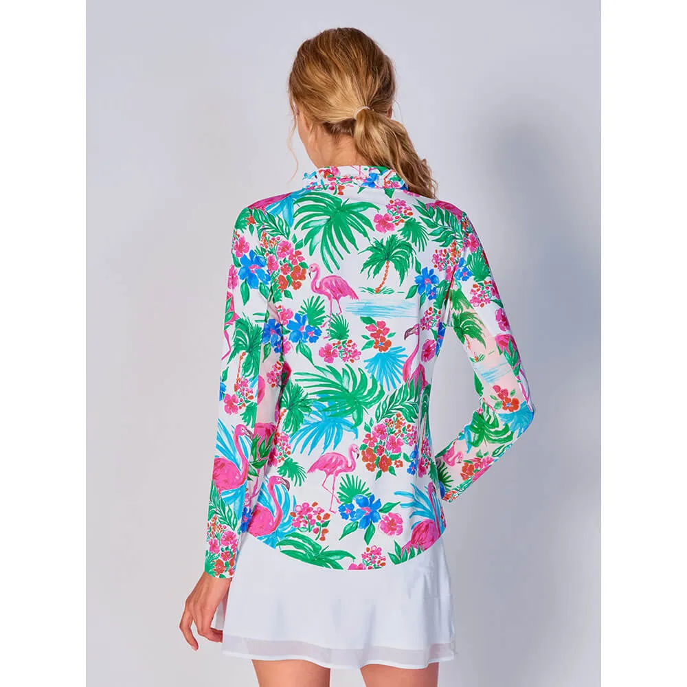 G Lifestyle Print Long Sleeve Double Ruffle Top - Flamingo