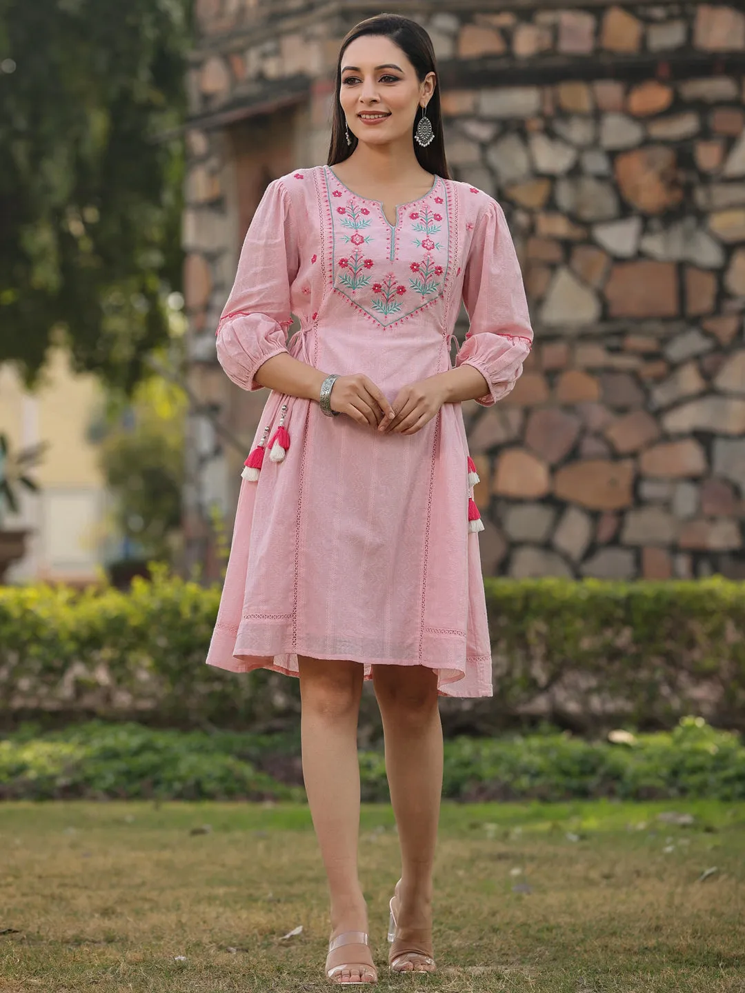 Juniper Pink Floral Printed Cotton Dobby Flared Short Dress With Thread Embroidery