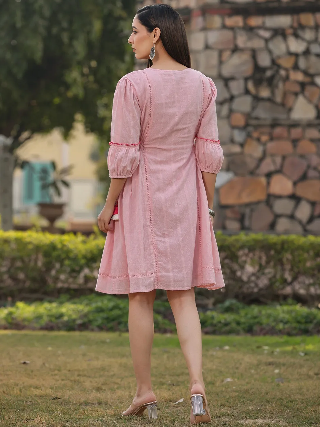 Juniper Pink Floral Printed Cotton Dobby Flared Short Dress With Thread Embroidery
