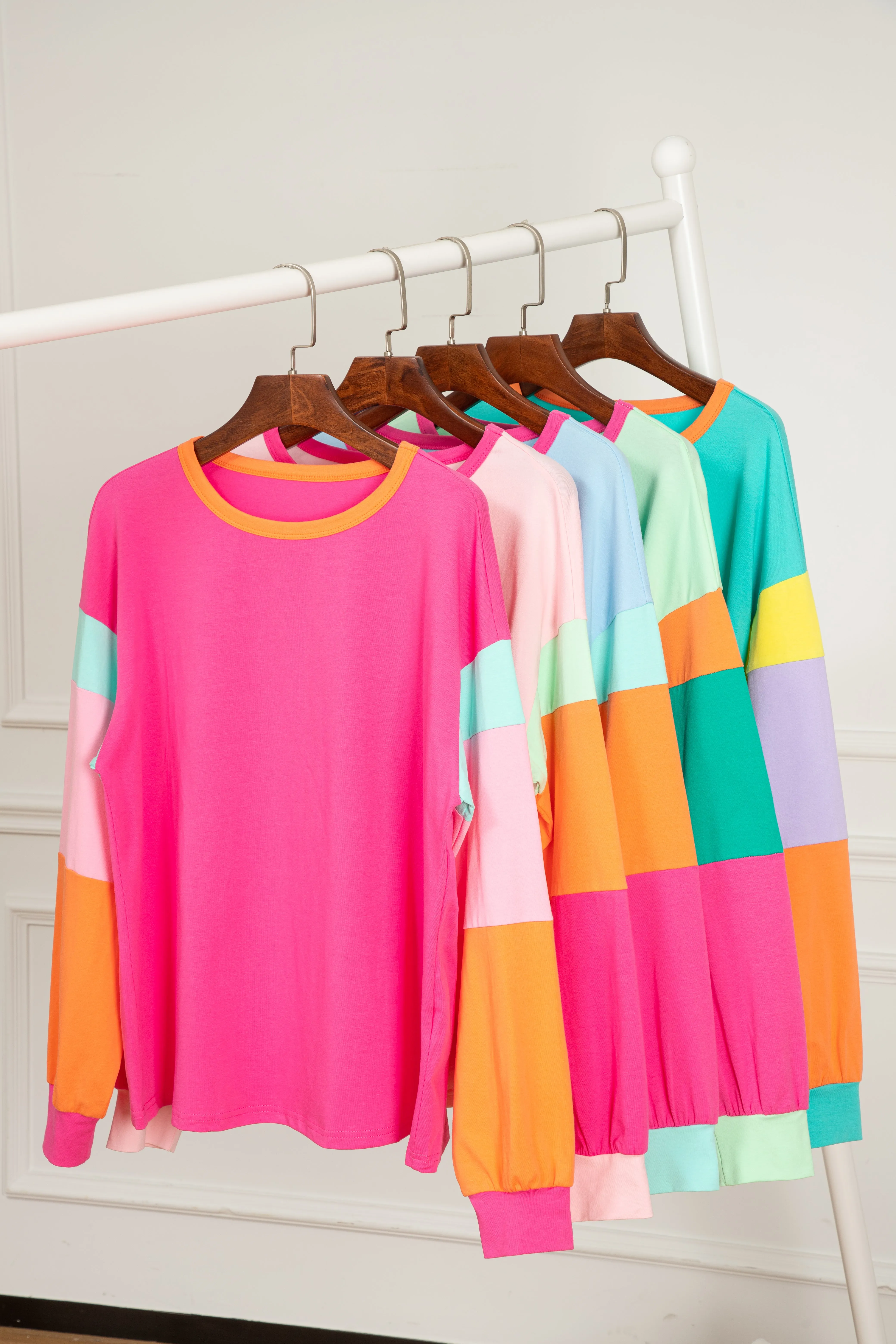 Pink Colorblock Patchwork Long Sleeve Loose Top